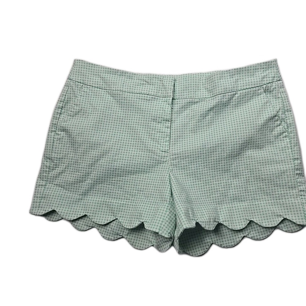 Women's Size 14 Shorts Crown & Ivy Green Gingham‎ Scalloped Twill Trouser Short